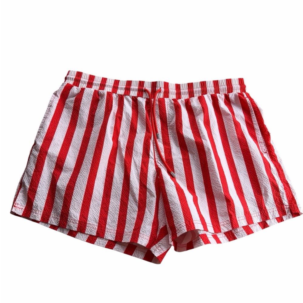 NovaMEN Fashion Nova Red & White Striped Seersucker Swim Trunks Shorts-Size XXL